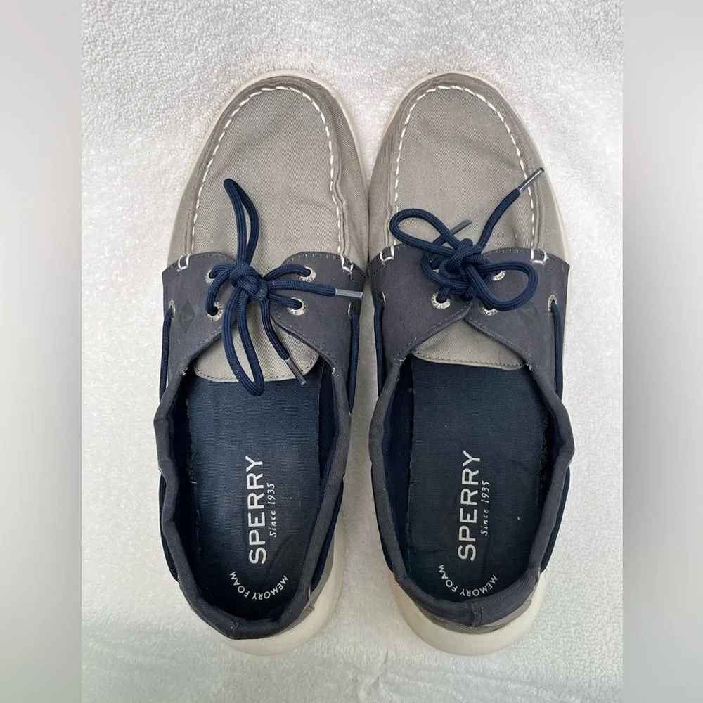 Mens Sperry 2 Eyelet Boat Shoe 11.5 Med Wid Canvas Gray/Blue/ White Memory Foam